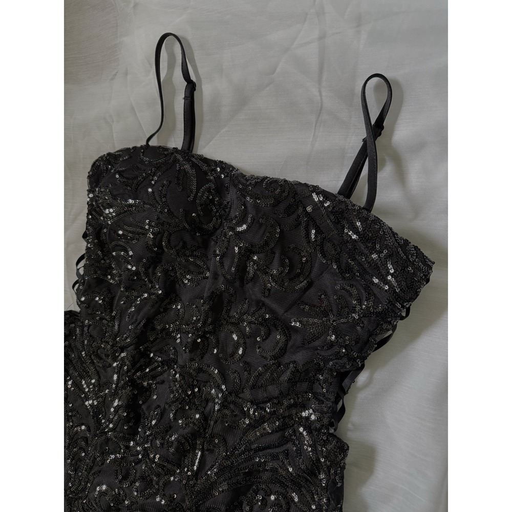 Windsor Black Sequin Lace-Up Spaghetti Strap Long Mermaid Formal Prom Gown M - Picture 4 of 14